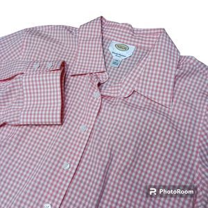 Talbots Women's  14 Orange Check Button Long‎ Sleeve Wrinkle-Resistant Stretch